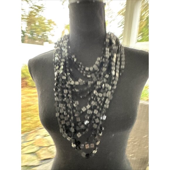 Chicos Black Sequin 16" Long Layered Stacked Statement Necklace NEW - Picture 3 of 13